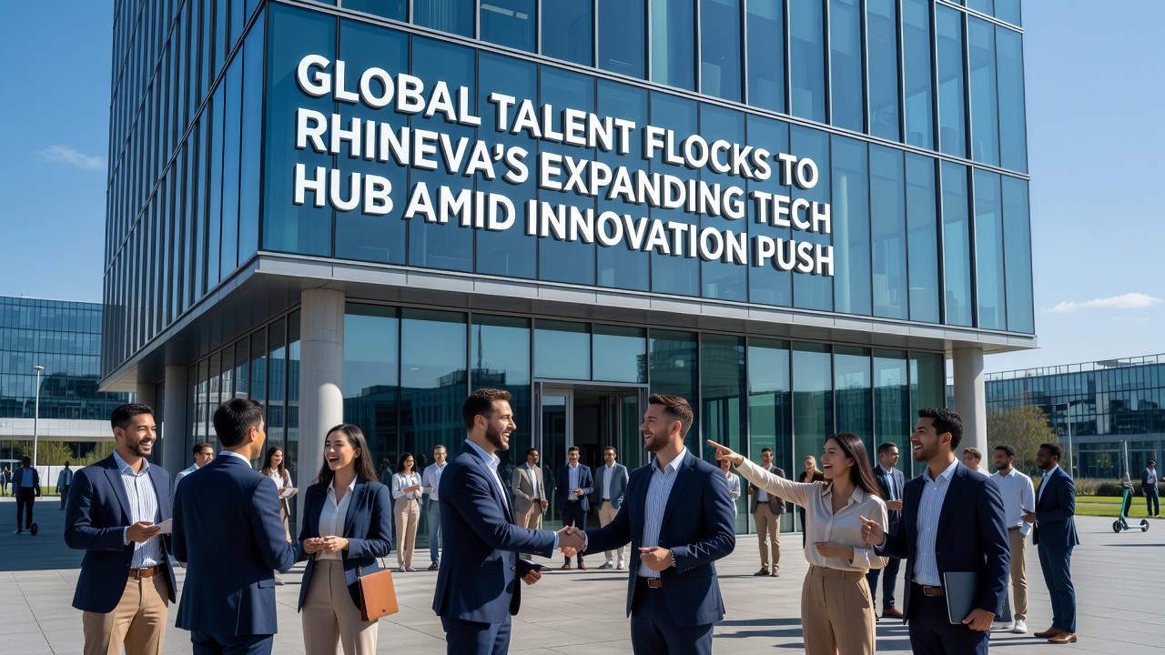 Team of international engineers collaborating in a Rhineva innovation lab with advanced equipment